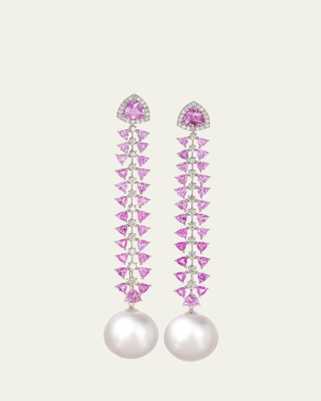 Pink Sapphire, Diamond, and Pearl Drop Linear Earrings